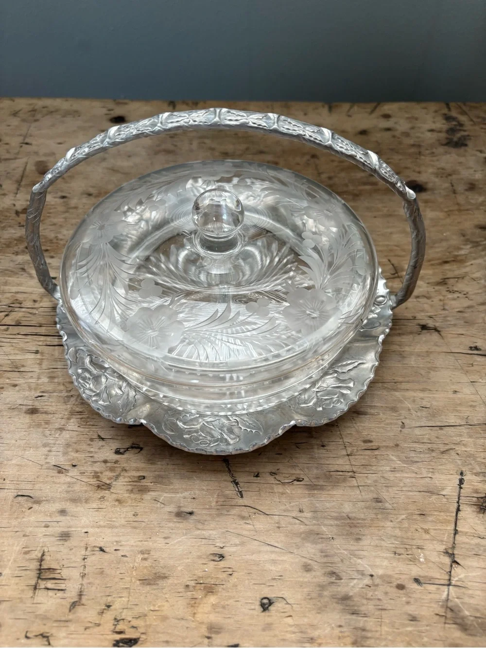 Vintage Hand Wrought Aluminum Handled Basket w/ Clear Etched Glass Covered Dish
